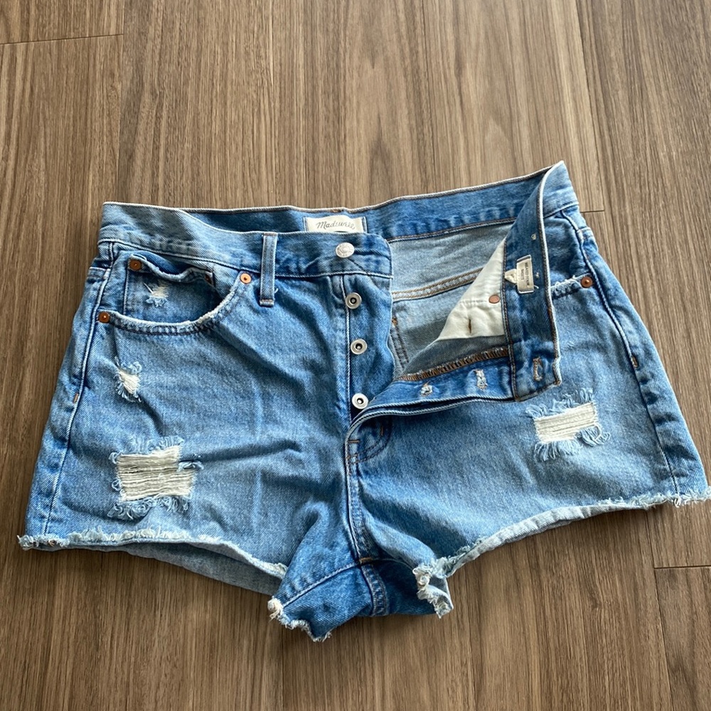 Madewell Denim shorts, size 30, relaxed and ripped style.